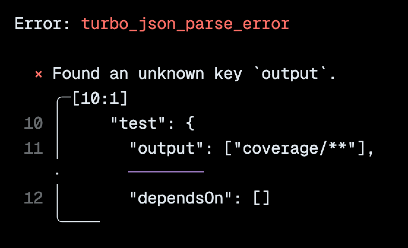 A screenshot of a terminal attempting to run a `turbo` task but receiving an informative error that an unknown key `output`, was found in the `turbo.json` file.
