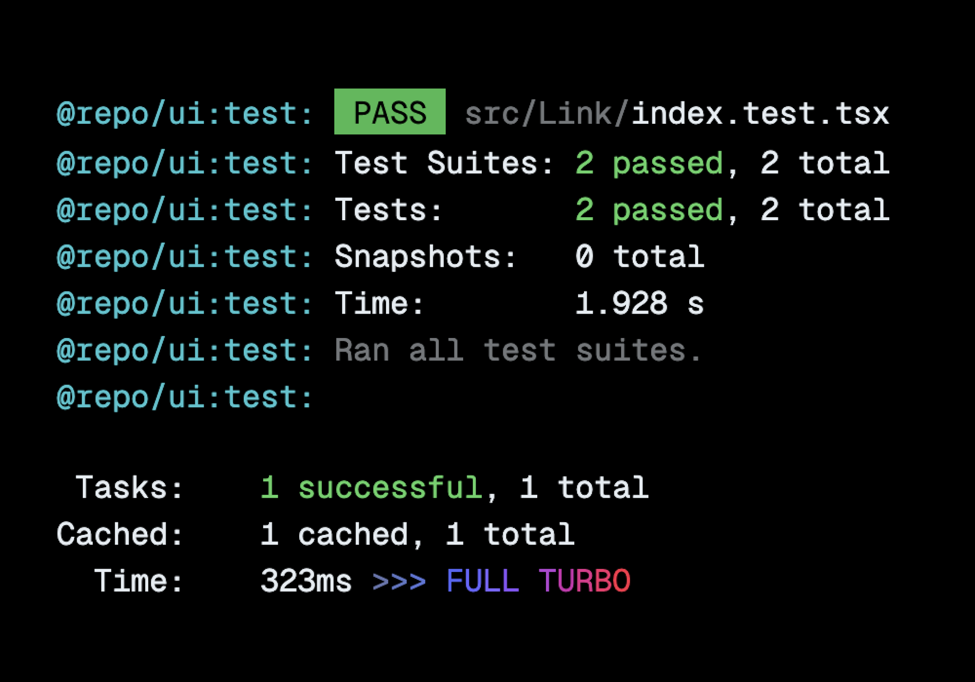 A screenshot of a terminal running a `turbo` task with colors from the underlying shell logs.