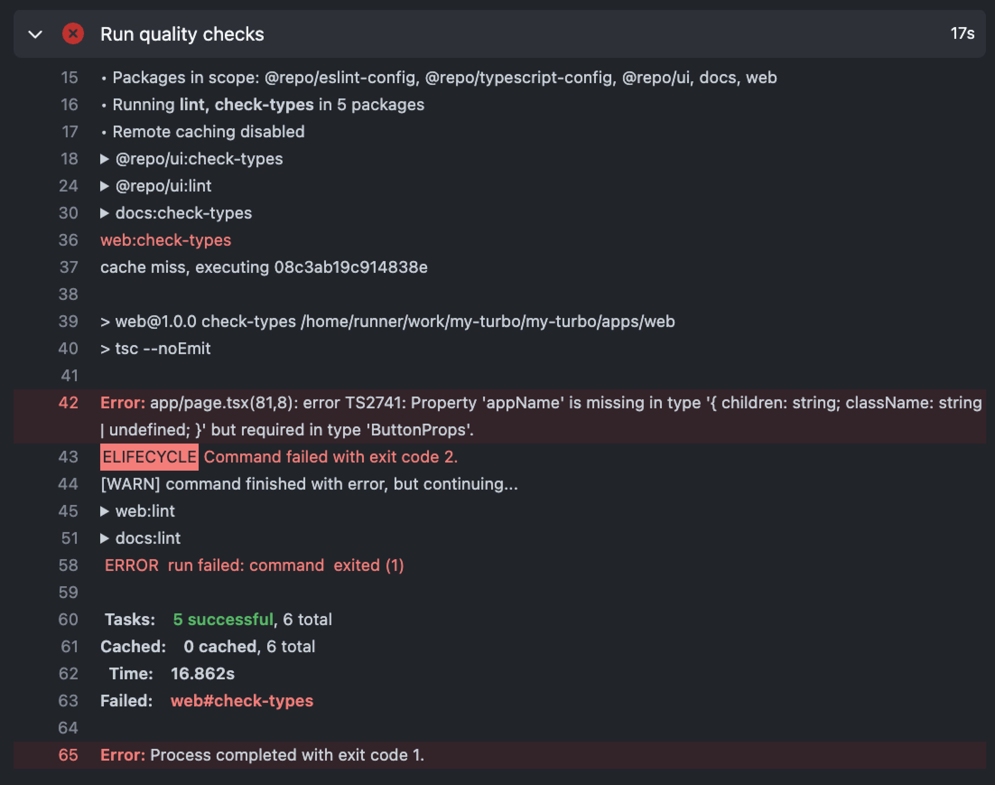 A screenshot of a GitHub Action that ran a `turbo` task. The logs for tasks that completed successfully are folded while the errored task shows it's logs in full with red highlighting.